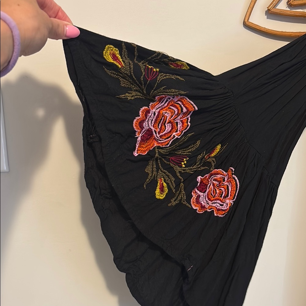 Feathers Black Long Sleeve Dress with Floral Embroidery